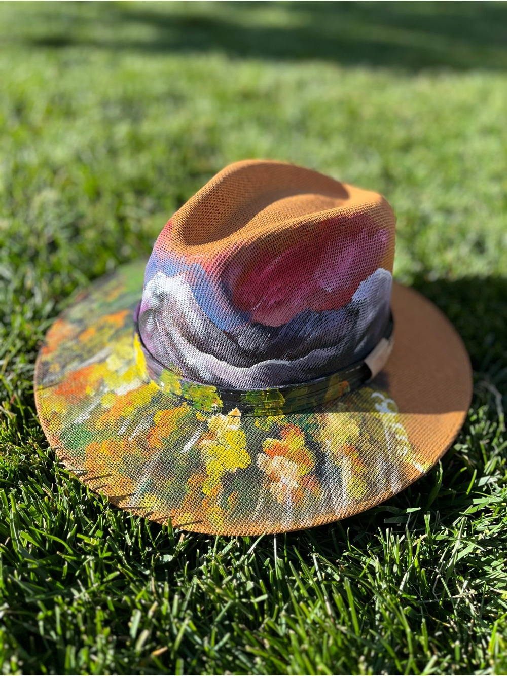 Unisex Hand-Painted Mountains and Aspens Fedora in Burnt Orange Artwork